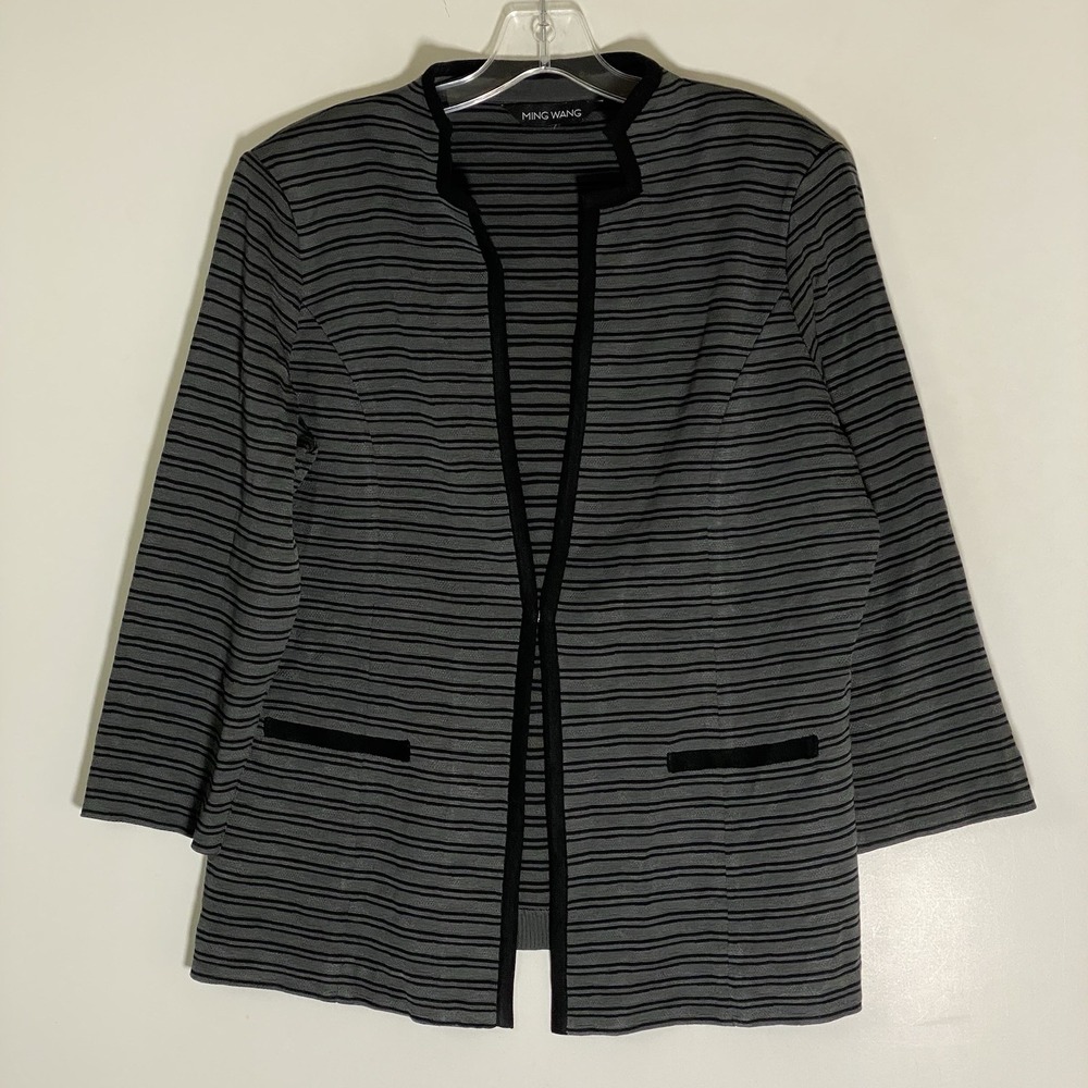 Ming Wang Cardigan Sweater Womens Large Gray Striped Classy Modern Knit Jacket L